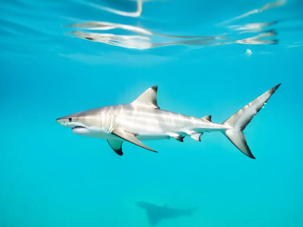 Un tiburón plateado nada con gracia en aguas turquesas, destacando la sensibilidad táctil de los tiburones