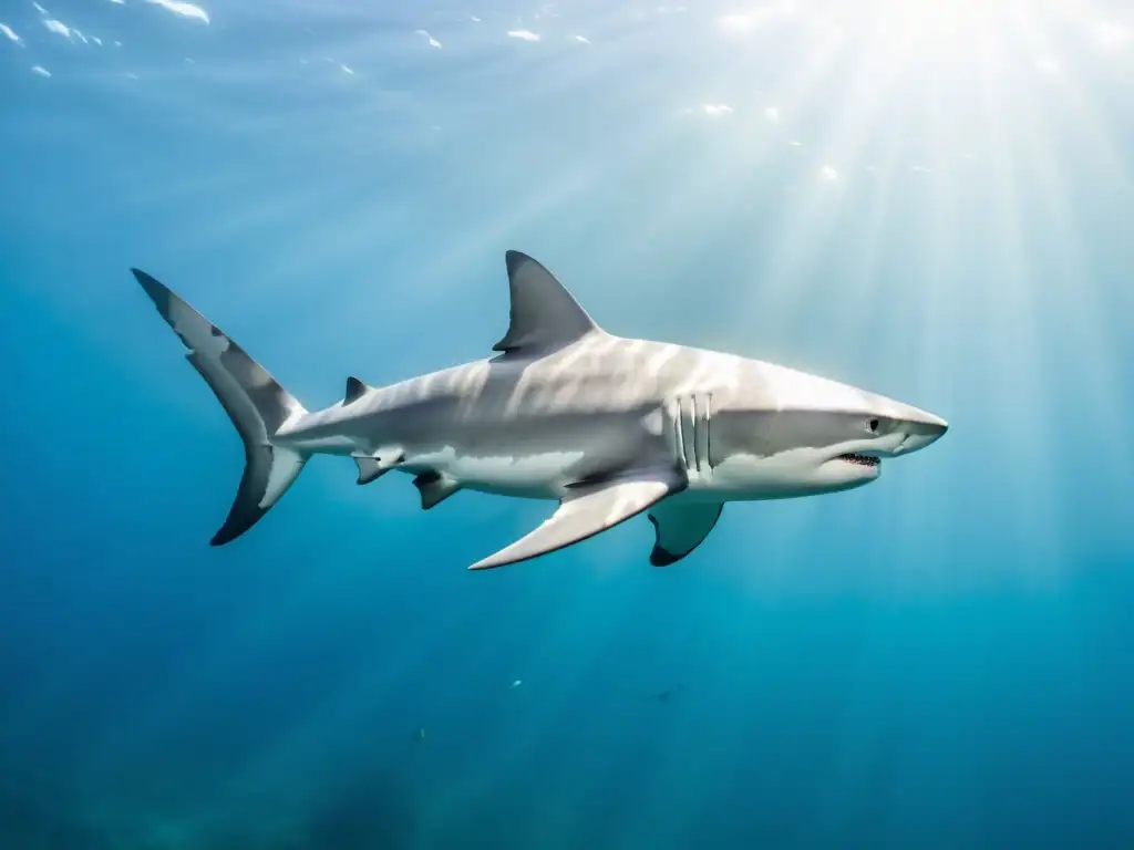 Un tiburón poderoso y elegante nada grácilmente en aguas cristalinas, destacando la sensibilidad táctil de los tiburones