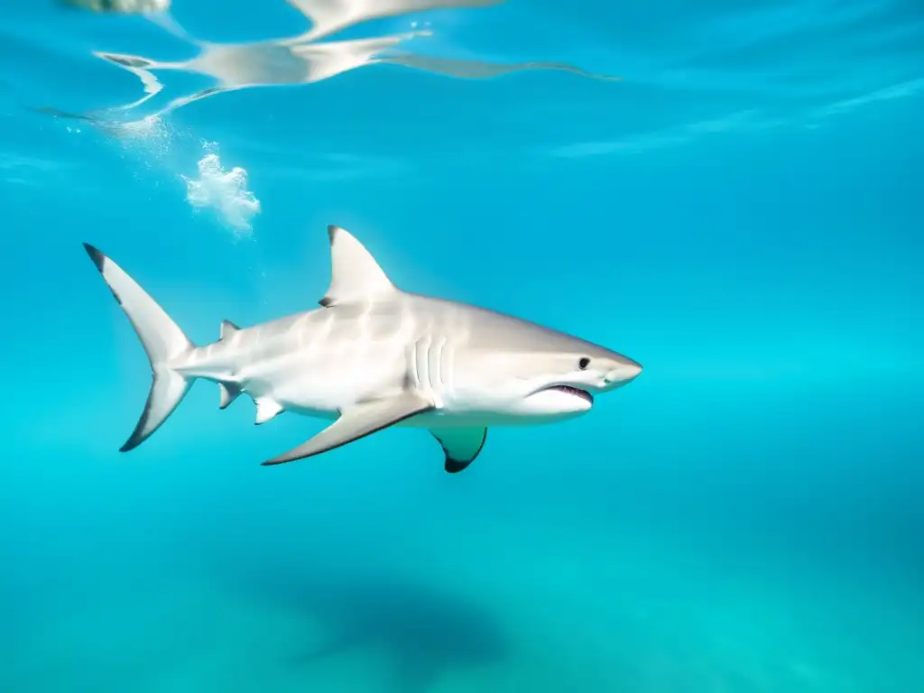 Un tiburón toro poderoso nada con gracia en aguas turquesa, transmitiendo belleza y respeto por la naturaleza