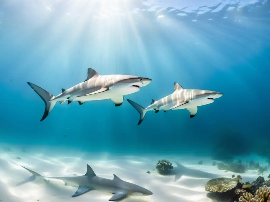 Dos tiburones realizan un elegante y poderoso ritual de apareamiento en el fondo marino, entre aguas cristalinas y arrecifes de coral vibrantes