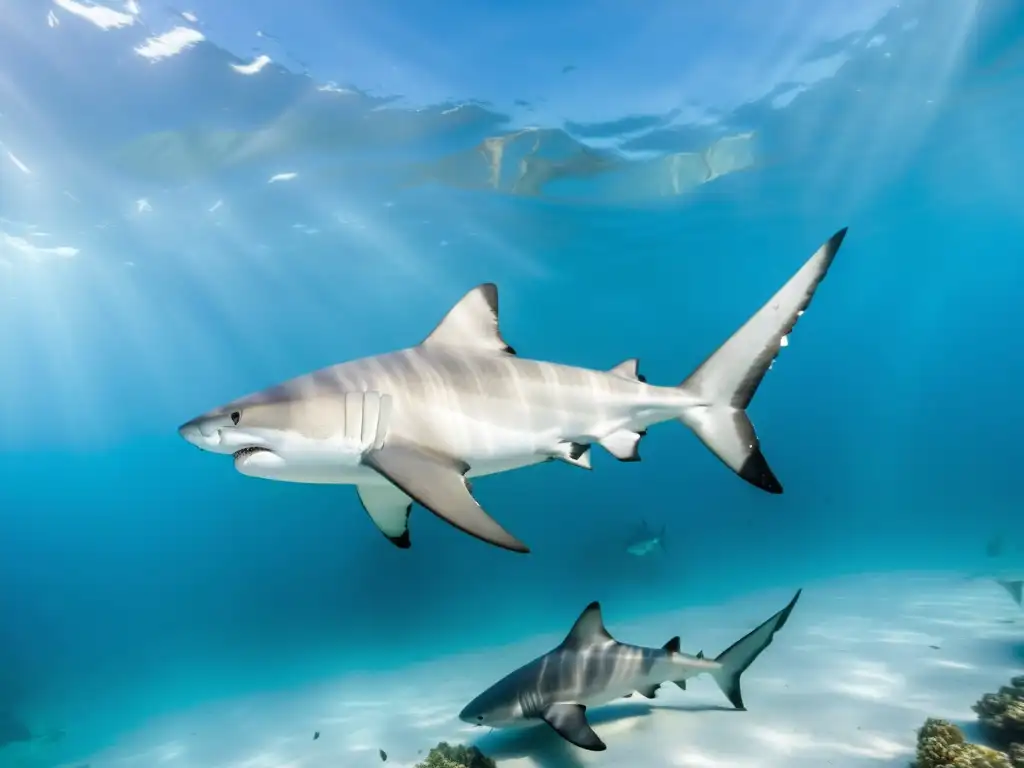 Fotografía de tiburones marinos surcando elegantes aguas cristalinas, capturando la belleza y poder de estos magníficos depredadores