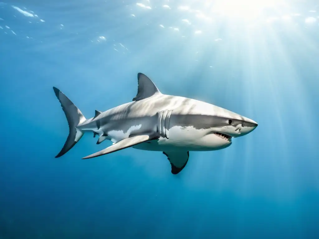 Fotografía de tiburones marinos: Imponente tiburón blanco surcando aguas cristalinas junto a un arrecife de colores vibrantes