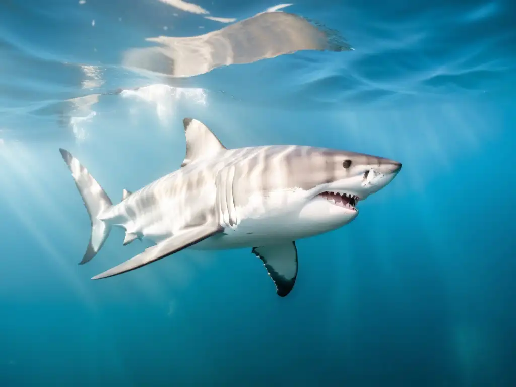 Fotografía de tiburones marinos: Majestuoso tiburón blanco surcando las cristalinas aguas con gracia, sus dientes afilados brillan