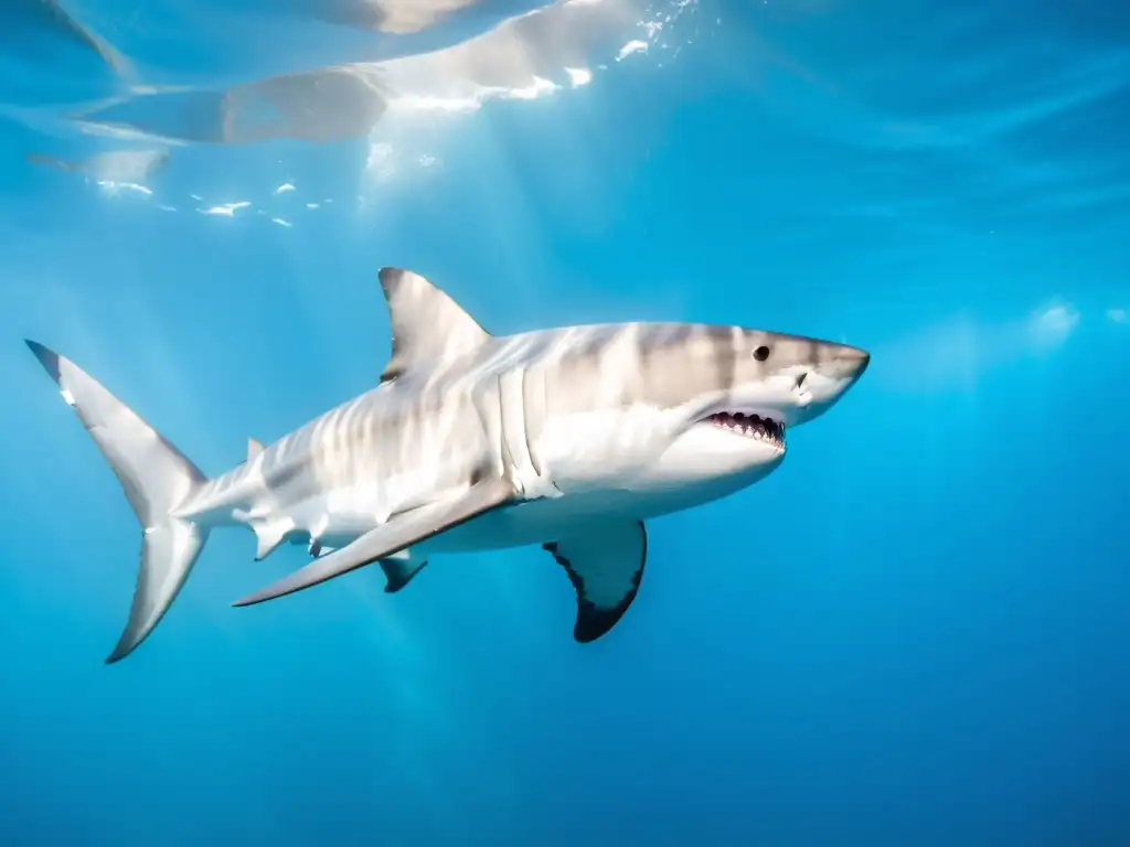 Fotografía de tiburones marinos: Majestuoso tiburón blanco en aguas cristalinas, deslumbrante y elegante entre la luz filtrada