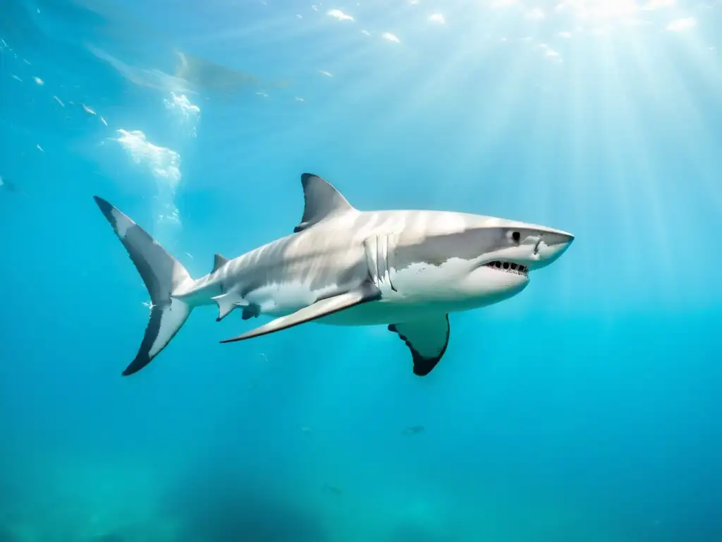 Fotografía de tiburones marinos: Un majestuoso tiburón blanco surcando aguas cristalinas, con un aura de misterio y peligro