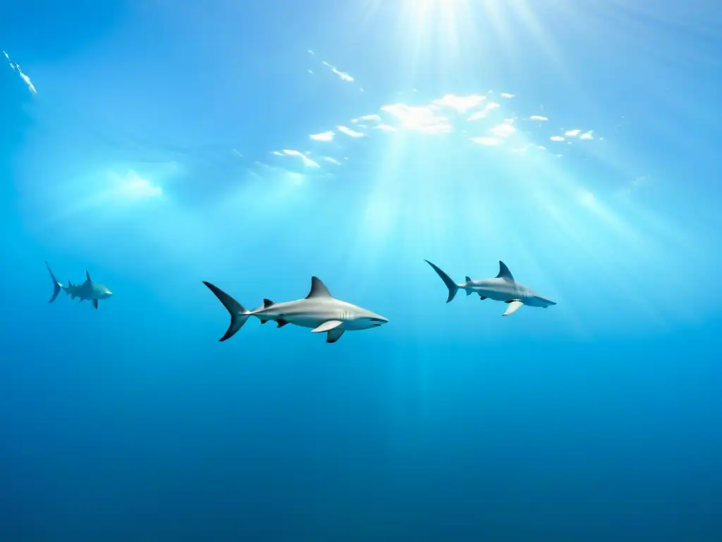 Expedición Tiburones Martillo Cocos Island: Cardumen de tiburones martillo nadando grácilmente en aguas cristalinas, iluminados por el sol