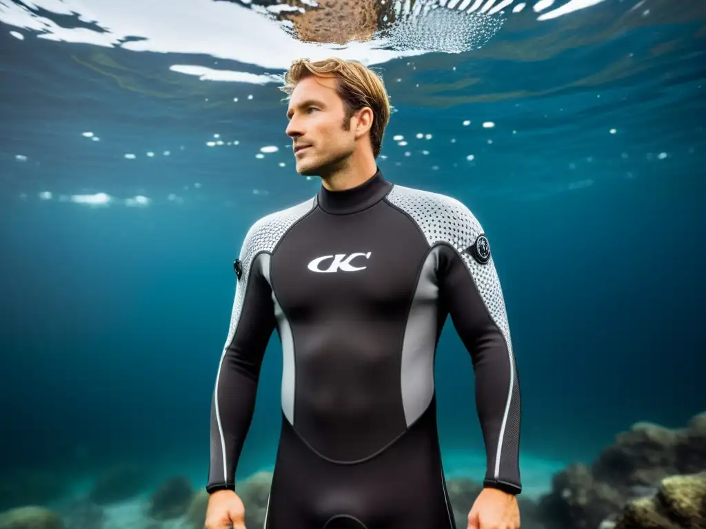 Traje de buceo para aguas extremadamente frías en paisaje ártico, destacando su diseño avanzado y materiales de alta tecnología