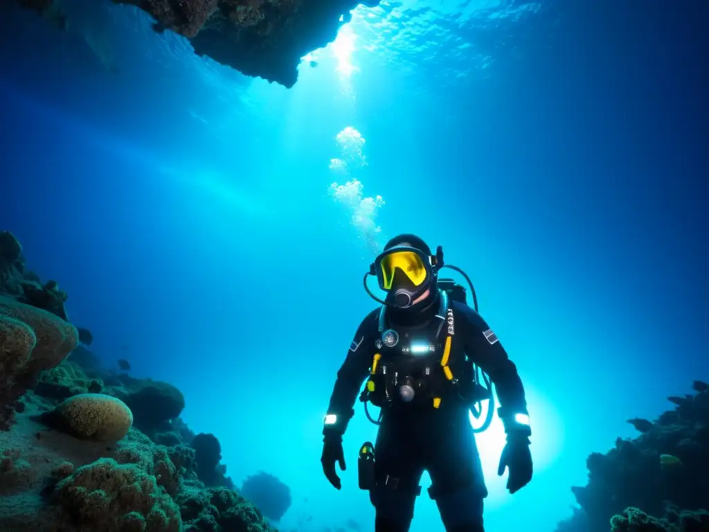 Exploración en traje de buceo exclusivo fosas Marianas, iluminado por la bioluminiscencia