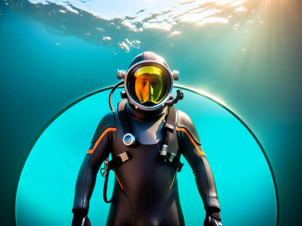 Un traje de buceo futurista con avanzada tecnología, llevado por un explorador maravillado en un vibrante mundo submarino