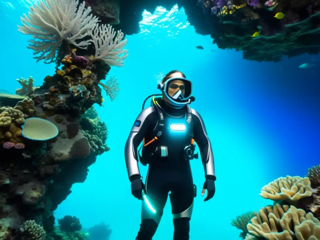 Un traje de buceo futurista plateado con detalles en azul neón, explorando un arrecife de coral