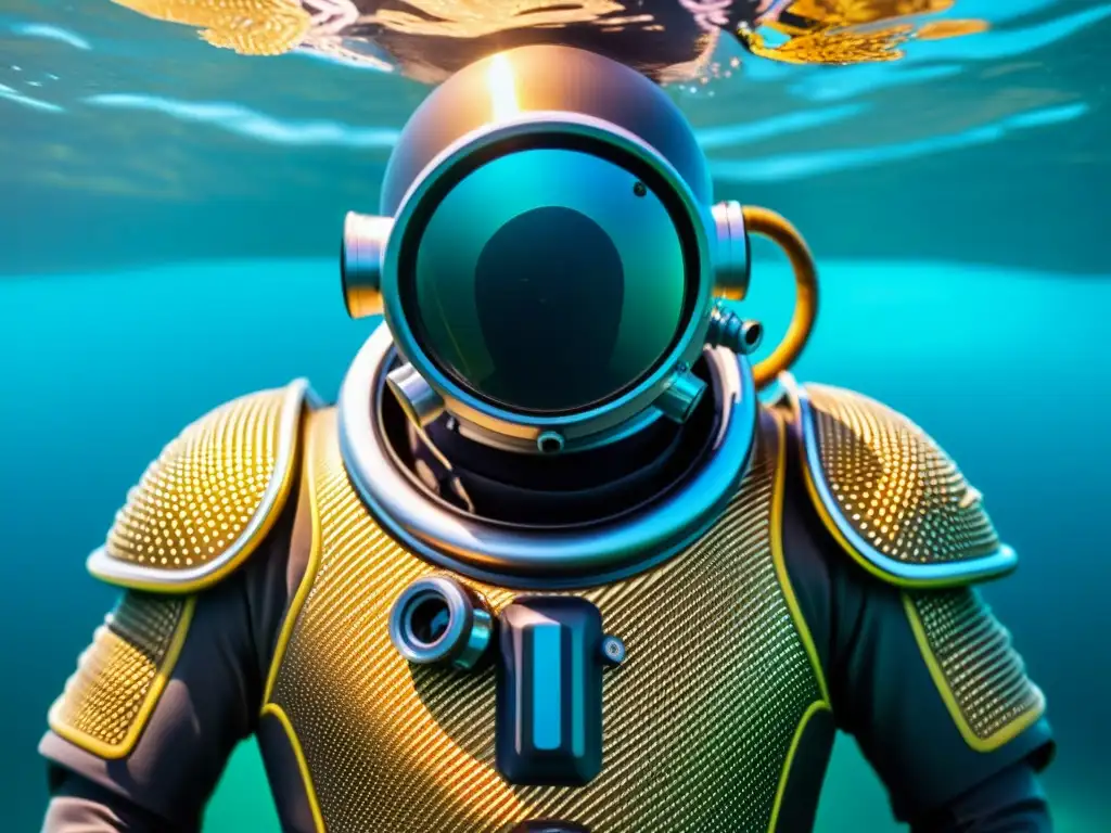 Un traje de buceo de nanotecnología con patrones microscópicos en un entorno submarino, destacando la innovación en equipos de buceo