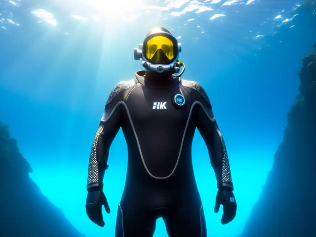 Un traje de buceo negro brillante, con nanotecnología, reluce bajo el agua azul profundo, mostrando su resistencia