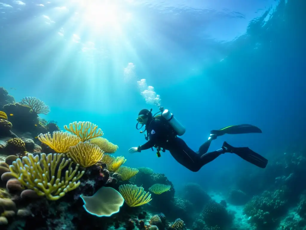 Exploración marina en traje hiperbárico, revelando la belleza submarina y la medicina hiperbárica para buceo