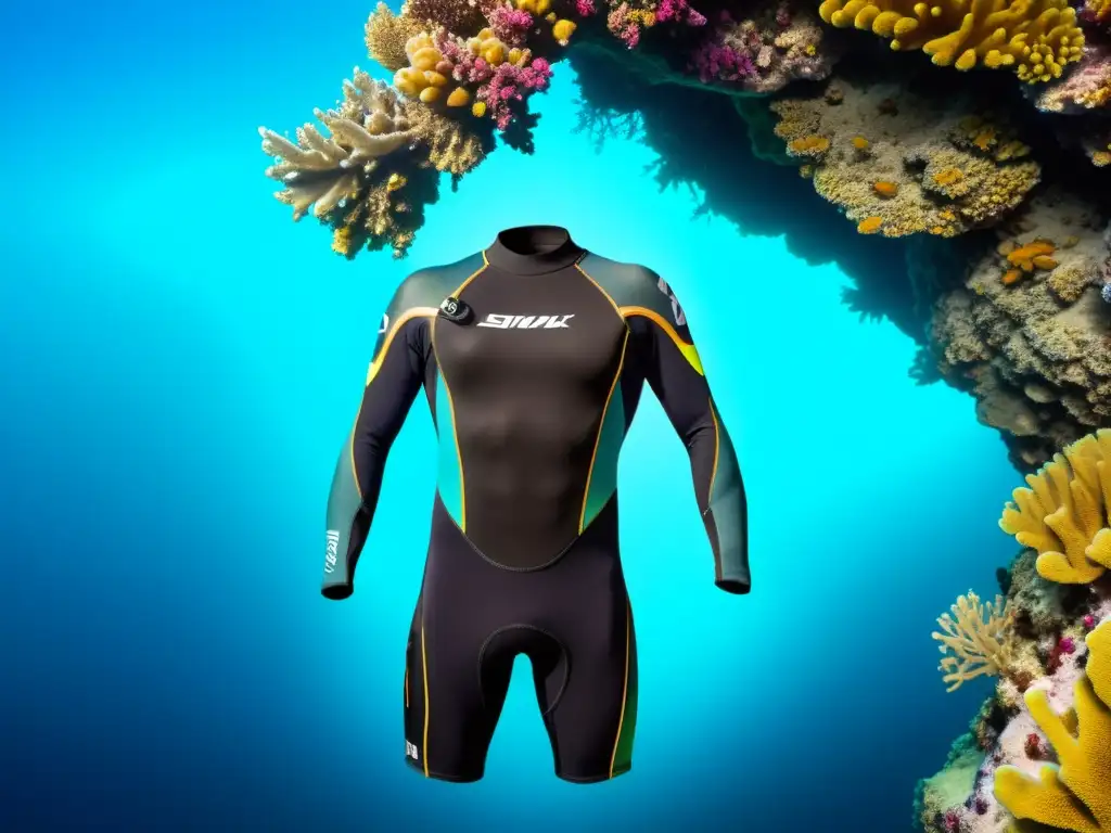 Un traje de neopreno de buceo en aguas cristalinas con detalles submarinos vívidos, esencial para aventura submarina equipos esenciales