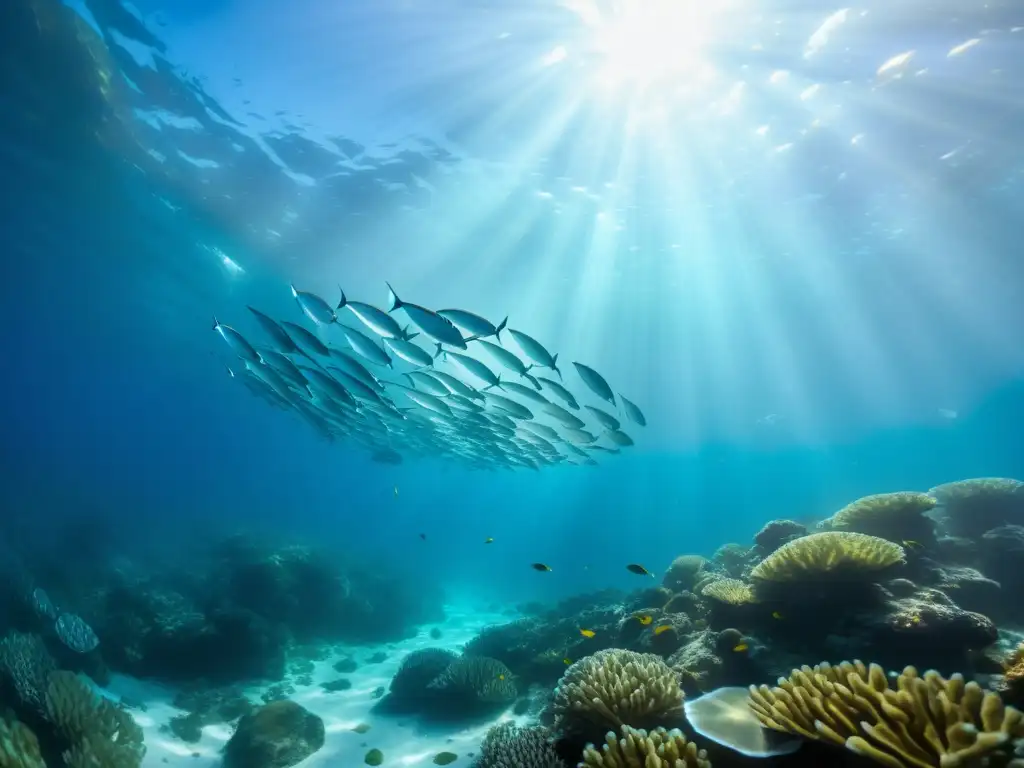 Un tranquilo banco de peces plateados entre arrecifes de coral y algas marinas, iluminado por el sol