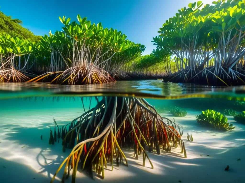 Un tranquilo bosque de manglares bajo el agua, con raíces vibrantes y vida marina