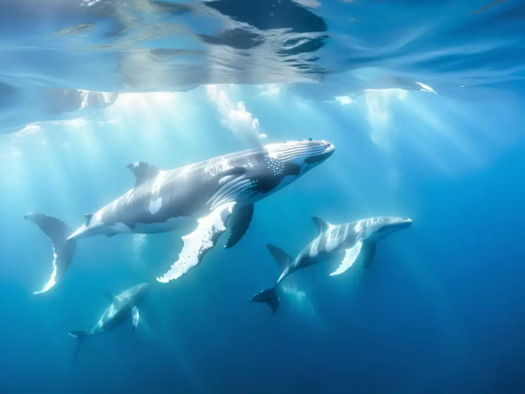 Un tranquilo y majestuoso grupo de ballenas jorobadas descansando en aguas cristalinas entre coloridos corales