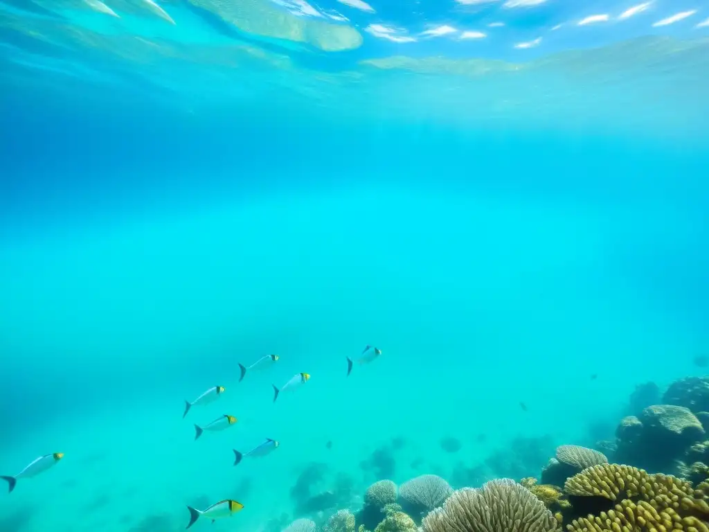 Un tranquilo paisaje submarino muestra una escuela de peces vibrantes y una diversa vida marina