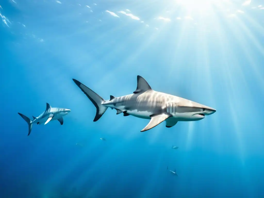 Travesía migratoria tiburones vida marina: Escena submarina con elegantes tiburones nadando grácilmente en aguas cristalinas