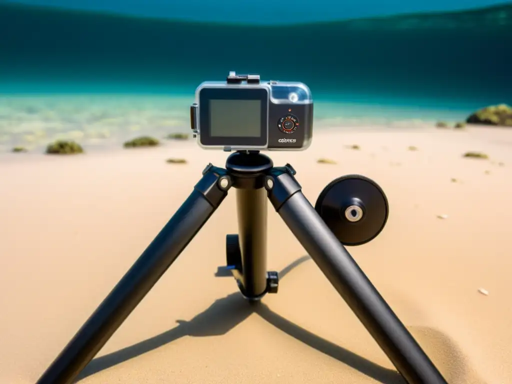 Un trípode metálico elegante descansa en el vibrante suelo marino, listo para la fotografía subacuática