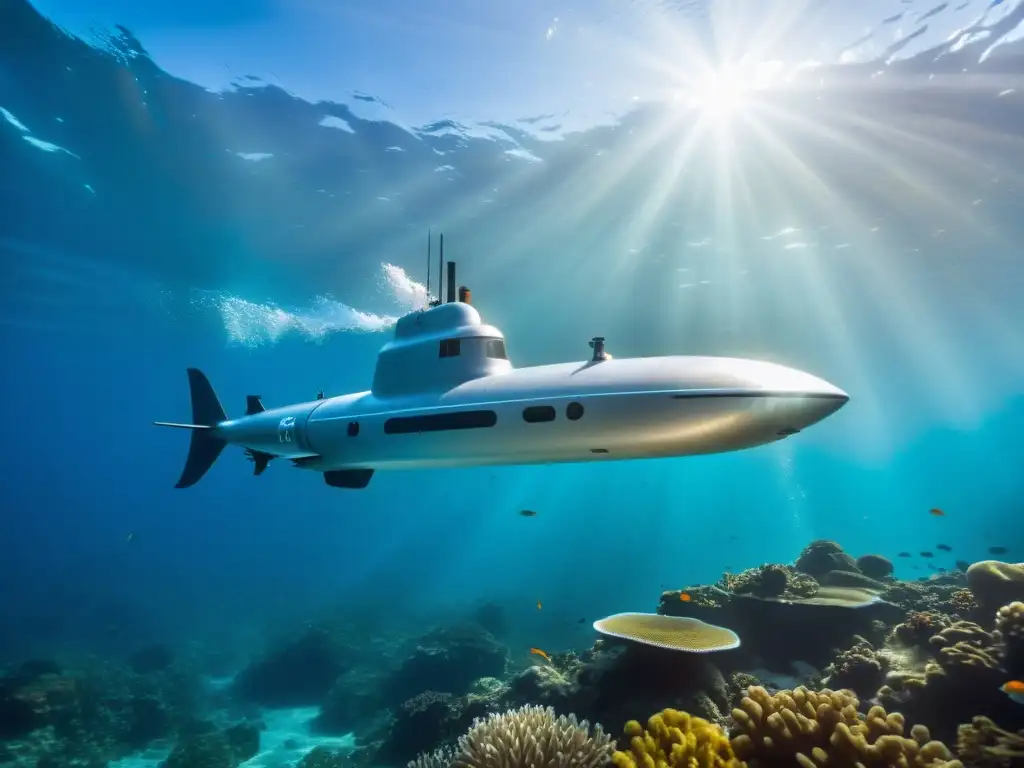 Turismo subacuático en submarinos personales: una escena asombrosa con un submarino futurista surcando el océano entre corales y peces coloridos