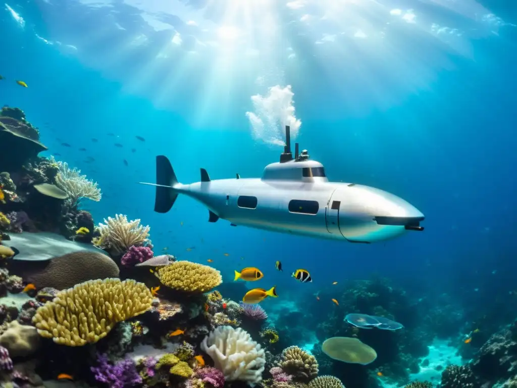 Turismo subacuático en submarinos personales: Una imagen cristalina del vibrante mundo submarino, con un submarino personal y una colorida vida marina en un arrecife de coral