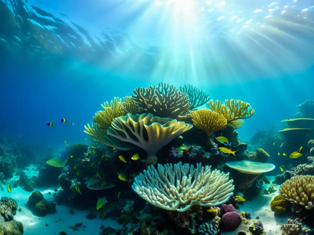 Turista ecológico en el mar: un arrecife de coral vibrante lleno de vida marina colorida bajo la cálida luz del sol