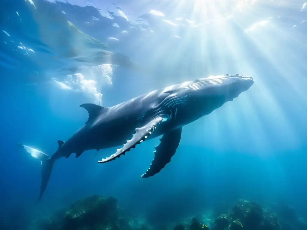 Una valiente buceadora nada con gracia junto a una majestuosa ballena jorobada en un mundo submarino de luz y coral