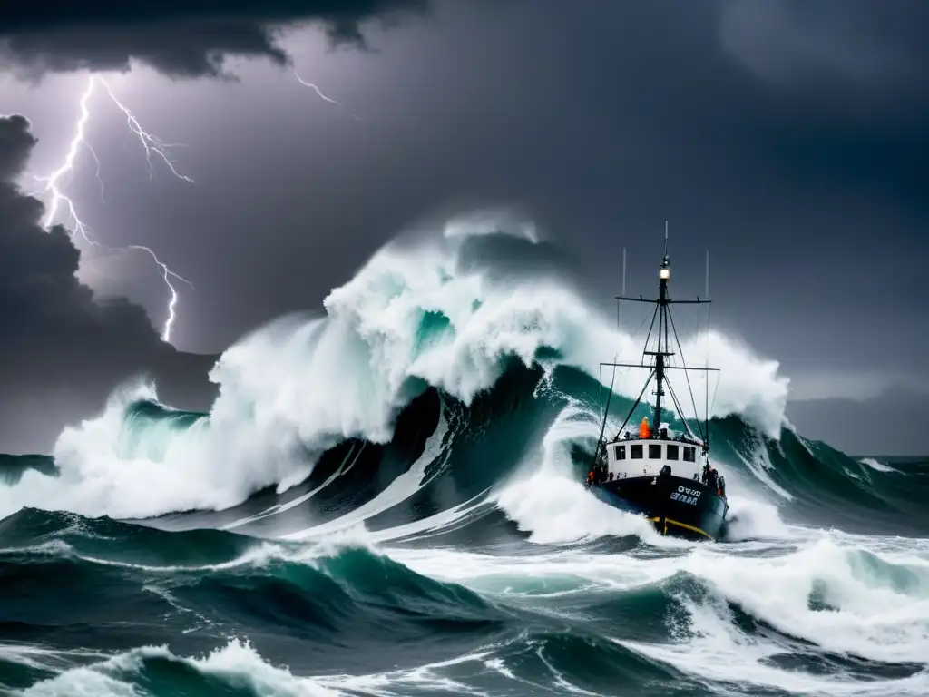 Un valiente marinero luchando en el vasto océano durante una tormenta, muestra la supervivencia en el vasto océano