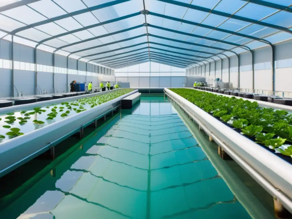 Instalación acuícola de vanguardia con tanques futuristas y peces coloridos, empleando IA en acuicultura para impacto ambiental