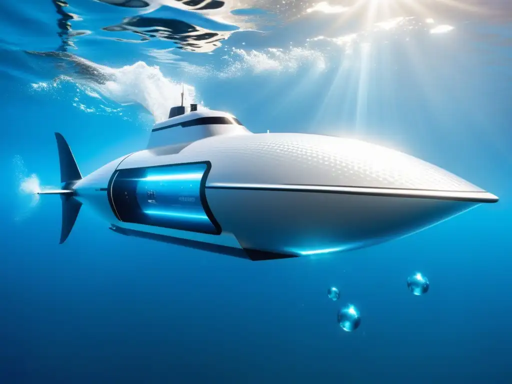 Vehículo autónomo marino de alta velocidad surcando el agua con elegancia futurista y energía dinámica