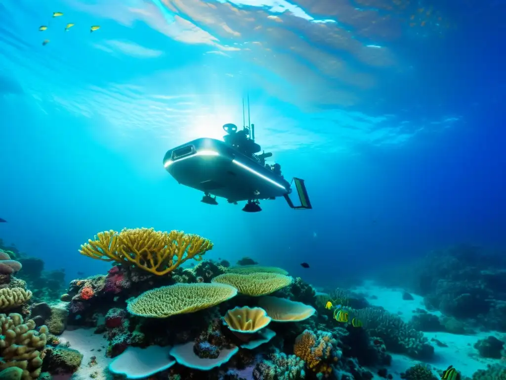 Exploración marina con tecnología LIDAR: un vehículo deslizándose sobre un arrecife de coral vibrante, iluminado por una suave luz azul