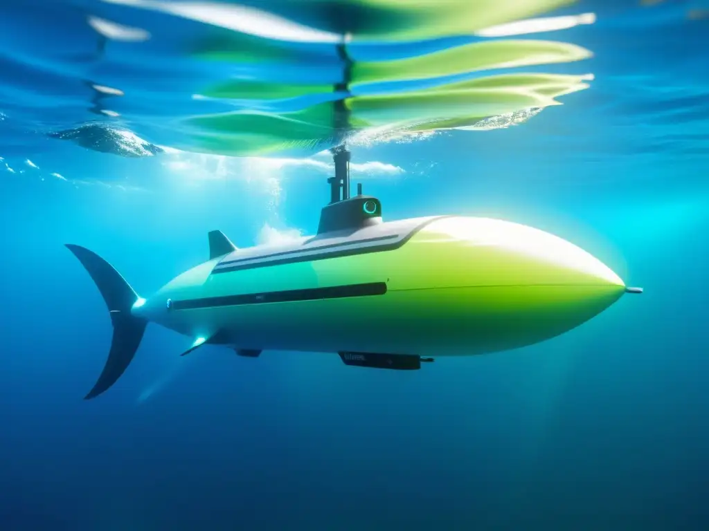 Un vehículo autónomo marino de alta velocidad corta las cristalinas aguas oceánicas con elegancia futurista, creando una escena hipnótica