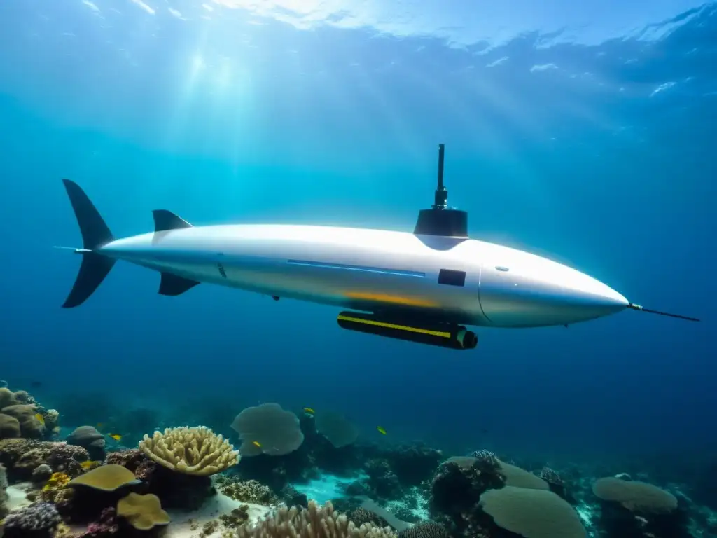 Un vehículo autónomo submarino surca con elegancia las dinámicas oceánicas, rodeado de vida marina colorida y vibrante