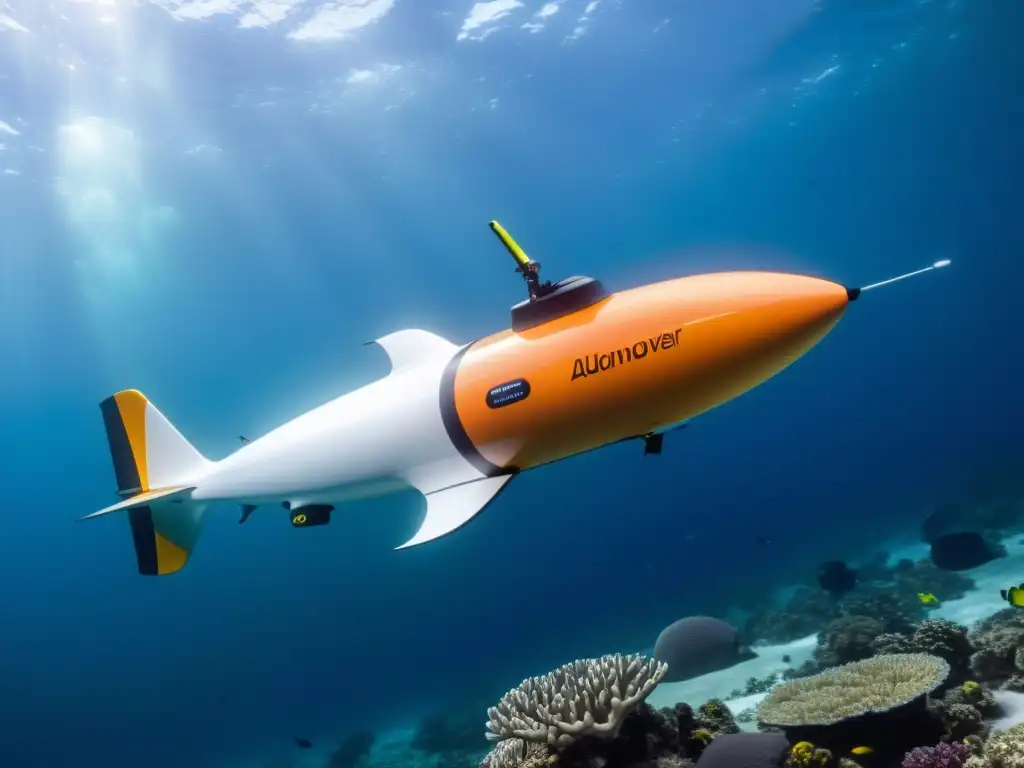 Un vehículo autónomo submarino de diseño futurista navega grácilmente entre corales, destacando el impacto tecnológico en la exploración marina