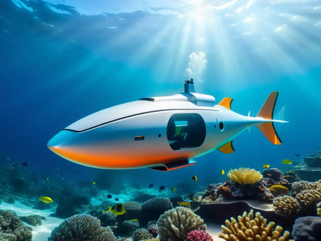 Un vehículo autónomo submarino de diseño futurista surca las cristalinas aguas oceánicas, rodeado de vida marina vibrante y colorida