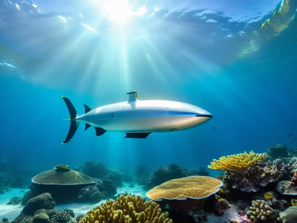 Un vehículo autónomo submarino plateado navega con gracia en un arrecife de coral, capturando la biodiversidad marina