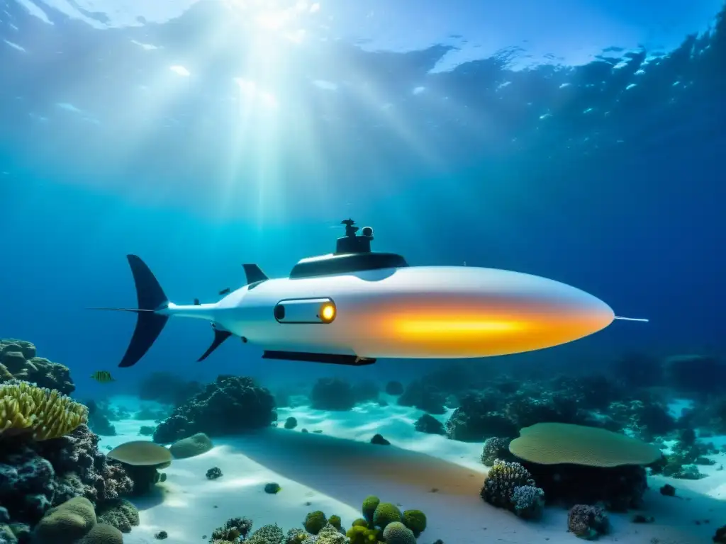 Un vehículo autónomo submarino de tecnología emergente surca elegante las cristalinas aguas oceánicas, iluminado por un suave resplandor etéreo, rodeado de vida marina vibrante y formaciones de coral coloridas