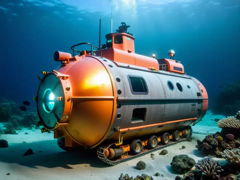 Vehículo de minería submarina lecho marino iluminado por luces propias, rodeado de vida marina en el fondo del océano