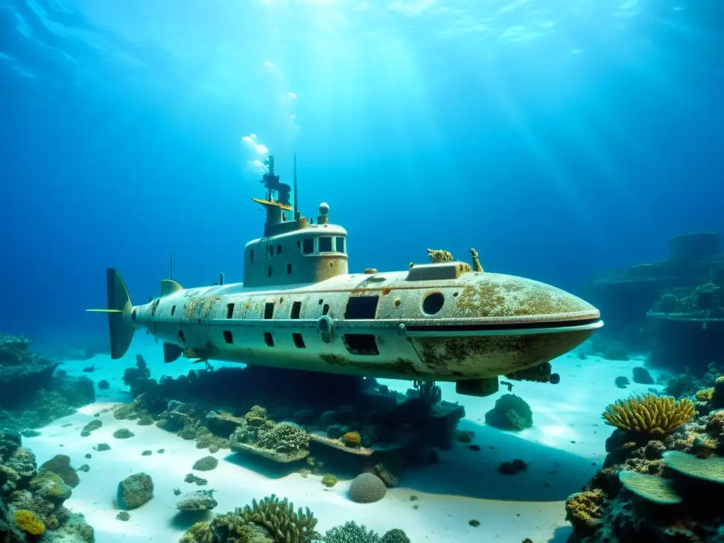 Vehículo submarino para arqueología marina explorando ruinas antiguas en aguas cristalinas