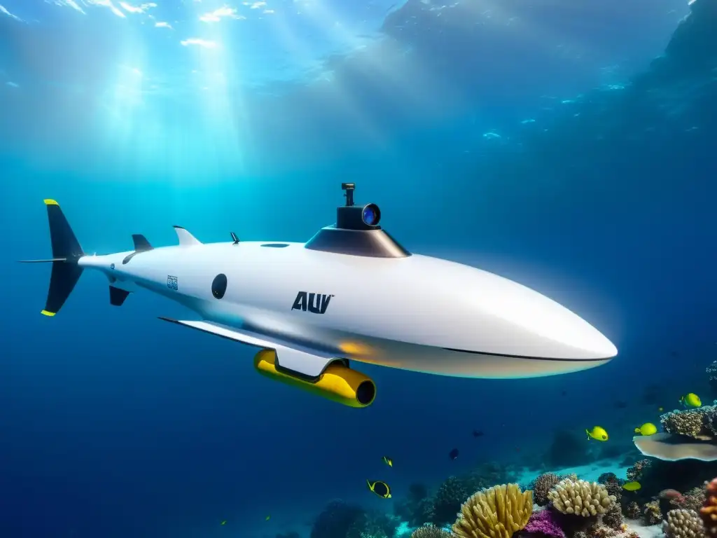 Un vehículo submarino autónomo con materiales innovadores, surcando aguas cristalinas entre vida marina y arrecifes de coral