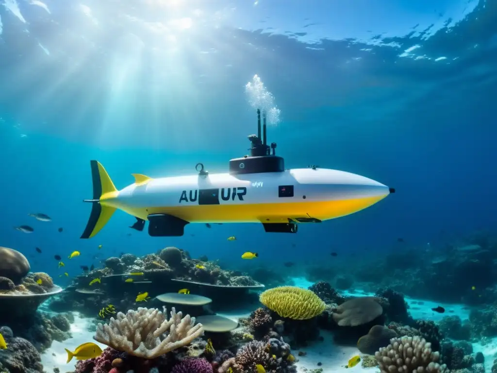 Un vehículo submarino autónomo (AUV) capturando datos en un vibrante ecosistema marino