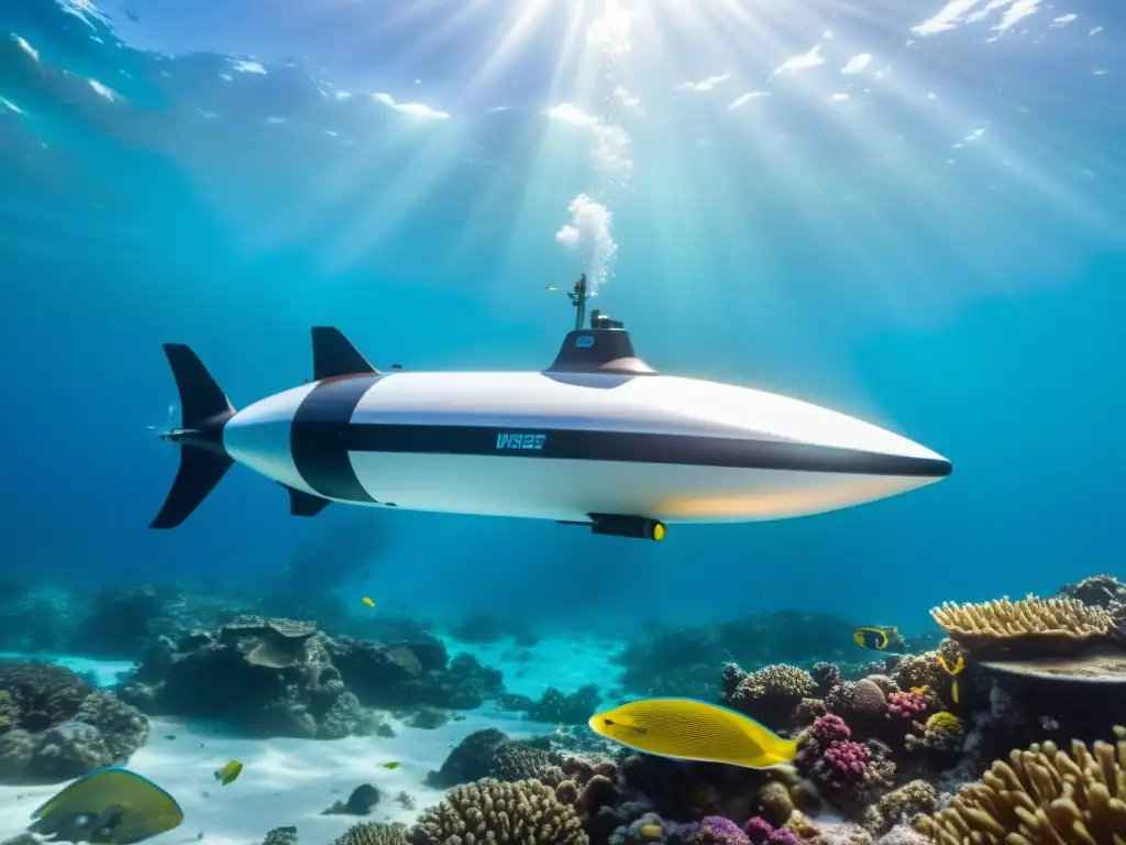 Vehículo autónomo submarino explorando dinámicas oceánicas y vida marina en un arrecife de coral