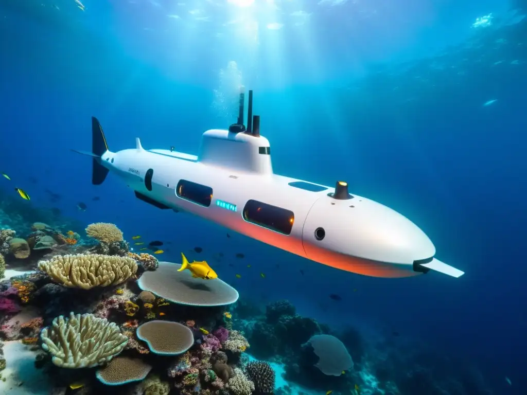 Vehículo autónomo submarino tecnología emergente explorando el océano entre corales y peces en un ambiente futurista