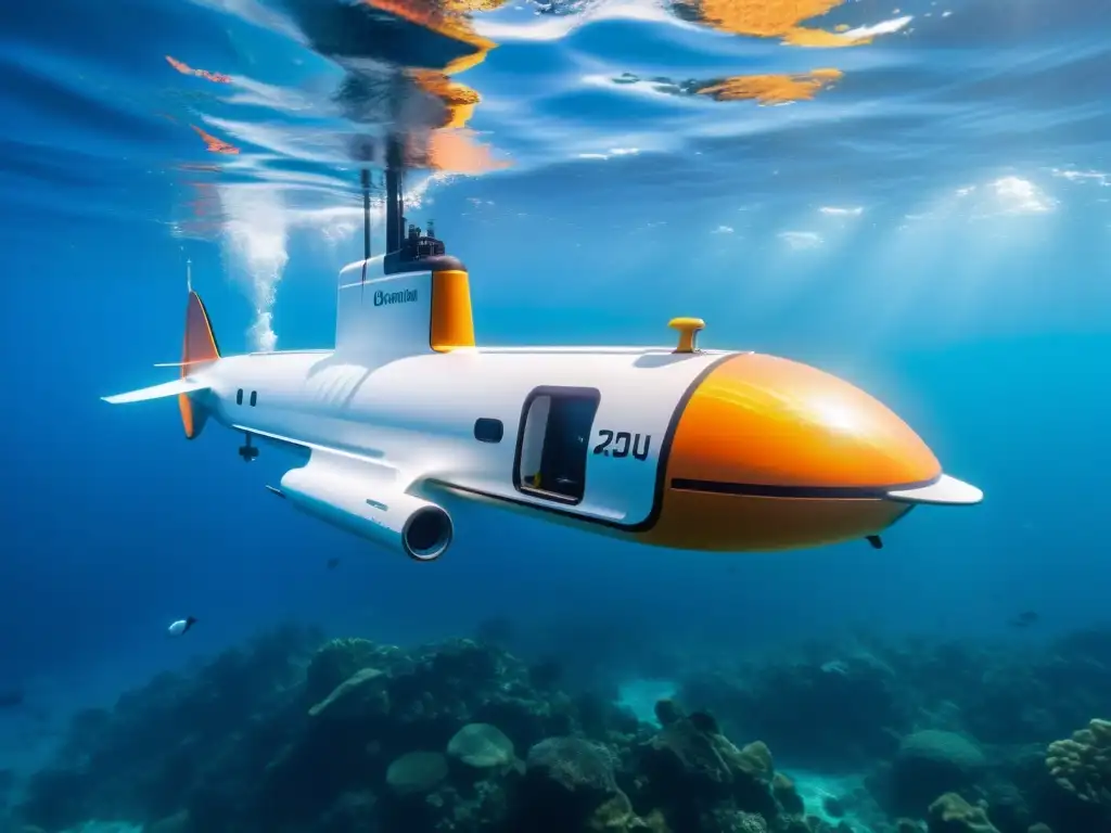 Vehículo autónomo submarino tecnología emergente explorando las profundidades marinas con elegancia y tecnología punta