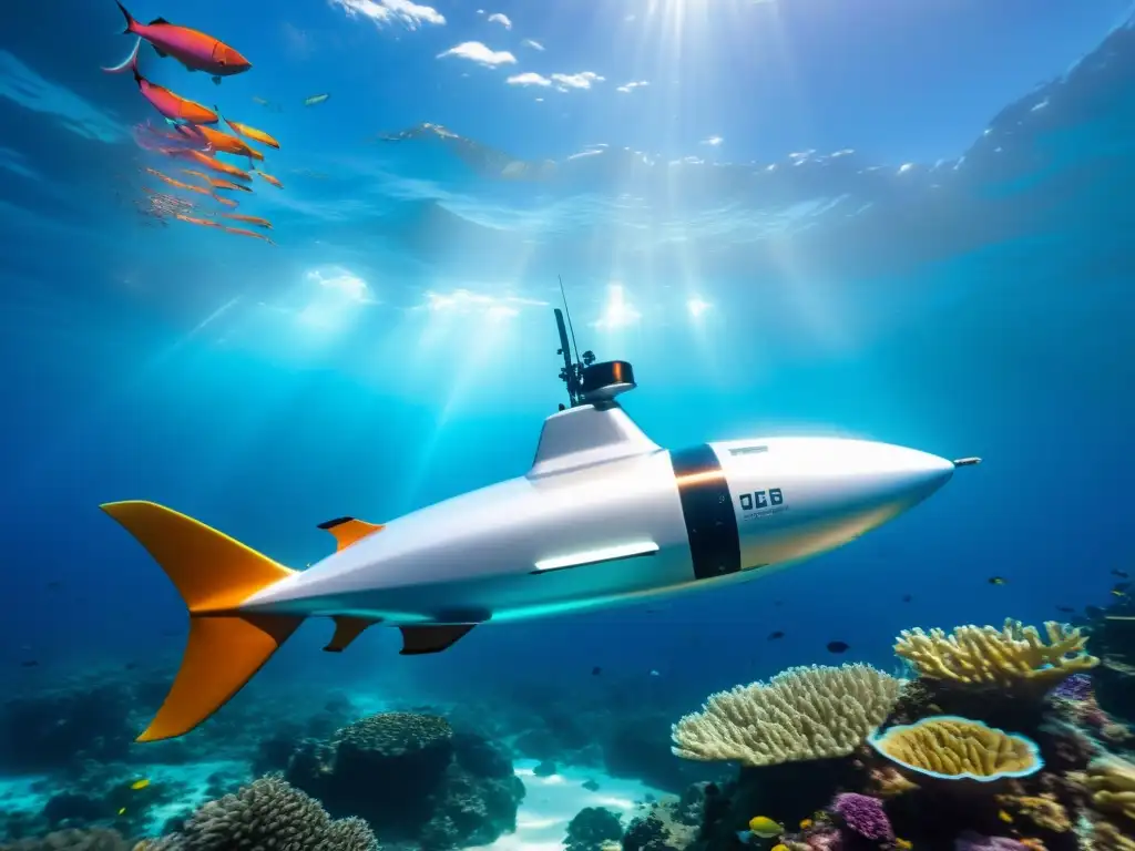 Vehículo autónomo submarino microplásticos explorando el vibrante paisaje marino con tecnología punta