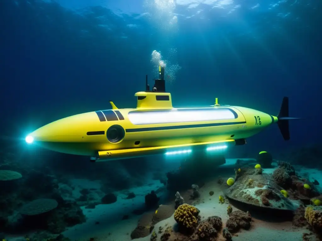 Vehículo autónomo submarino explora restos naufragados en el oscuro y misterioso fondo marino, iluminado por luces LED