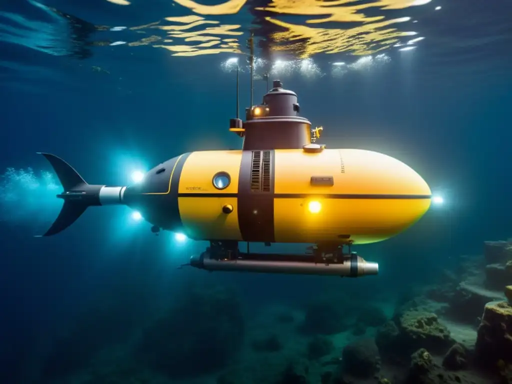 Vehículo autónomo submarino explorando restos naufragados en las profundidades del océano, iluminado por su propia luz en aguas turbias