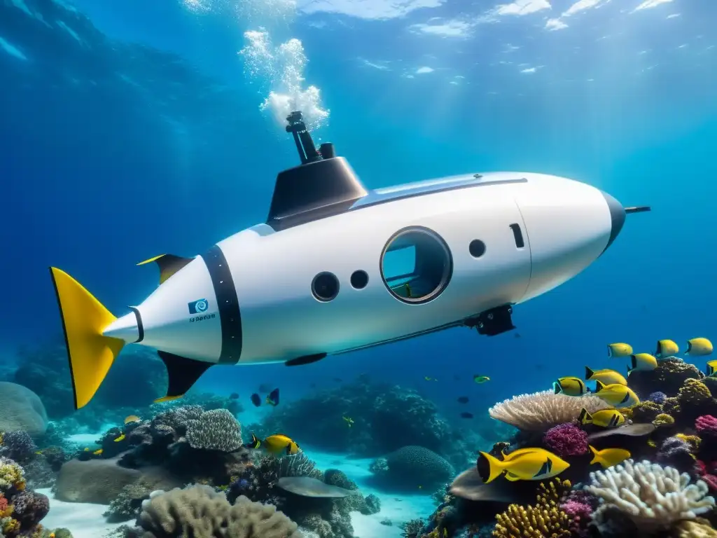 Vehículo autónomo submarino navegando entre la vida marina y los arrecifes de coral, mostrando la adaptación a dinámicas oceánicas