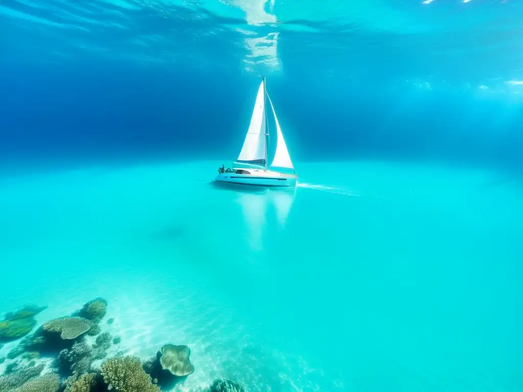 Velero plateado surcando aguas turquesas Un velero plateado navega elegantemente en aguas turquesas, rodeado de vida marina colorida